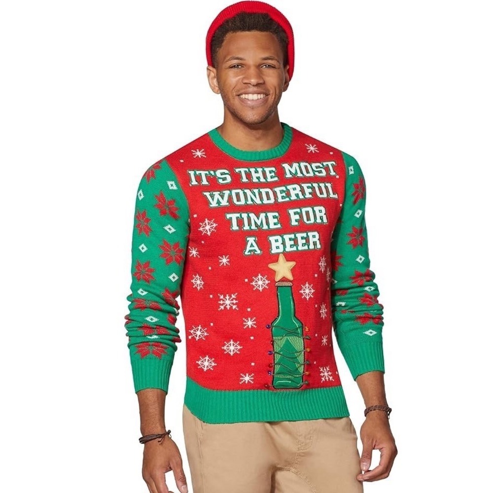 It's the Most Wonderful Time for a Beer Red Xmas Ugly Christmas Sweater S Lights